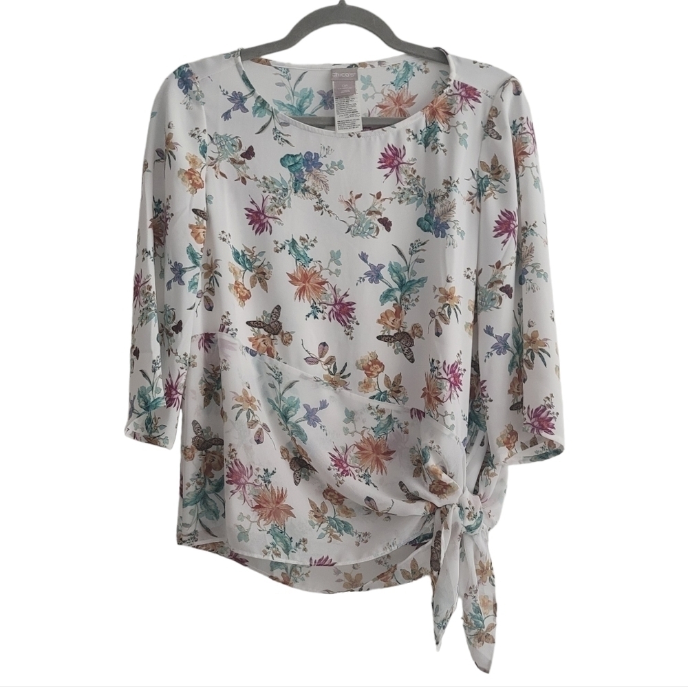 Chico's 4/6P Floral Butterfly Blouse Tie Front Spring‎ Shirt